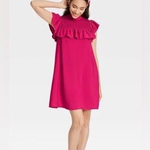 A New Day Bright Fuchsia Ruffle Yoke Shift Dress